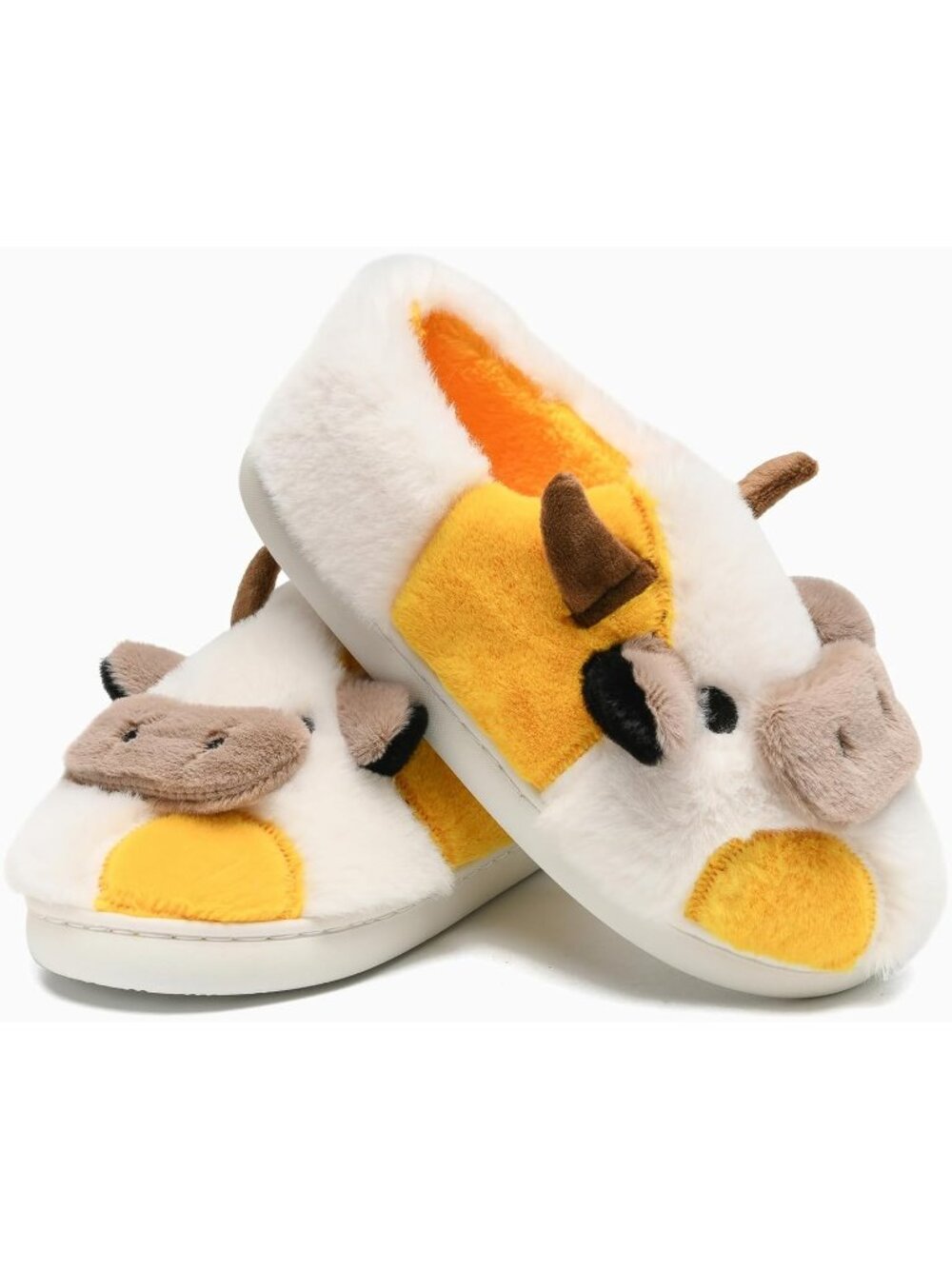 Women's Yellow Fluffy Cute Cozy Cartoon Fuzzy Cow Polyester Indoor Slippers - Picture 2 of 6